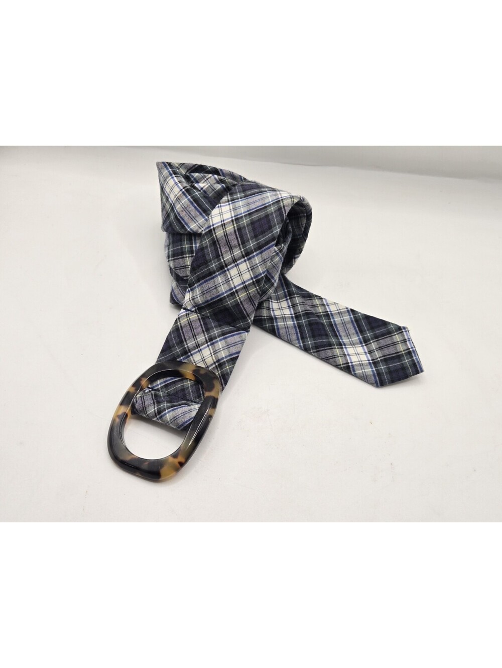 Vintage J Crew Plaid Fabric Belt Tortoise Buckle Blue Cotton S/M Preppy Y2K